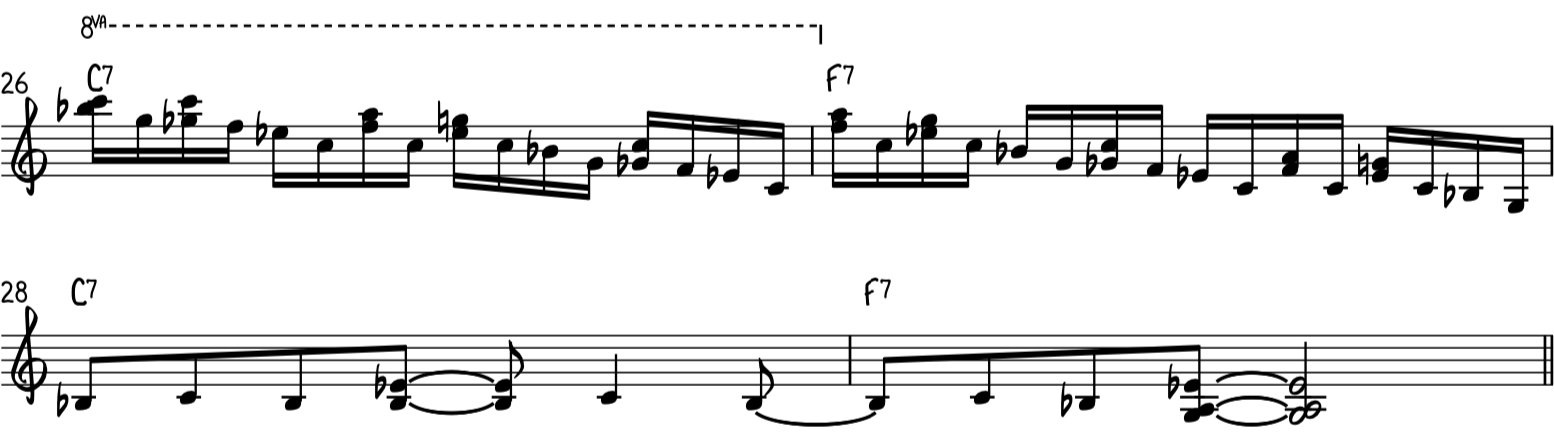 В промежуточном фанковом блюзовом фортепианном риффе 3 используются гармонизированные миксы нот с отдельными нотами, чтобы спуститься по блюзовой гамме.
