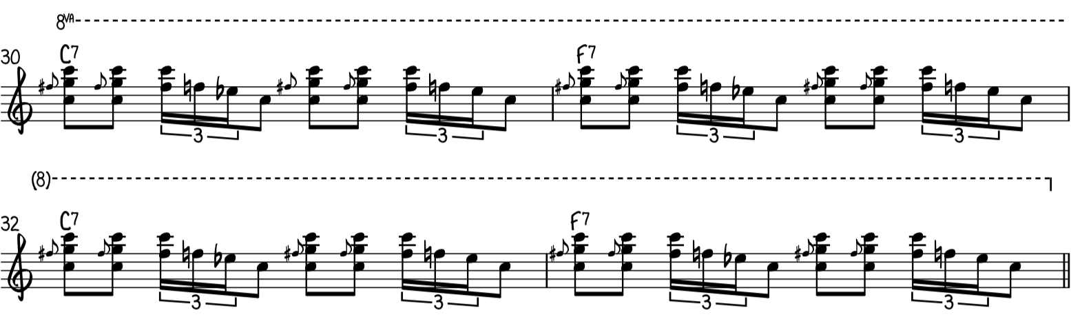 Промежуточный фанковый блюзовый фортепианный рифф 4 использует большие октавы и пятые, блюзовые слайды и блюзовые роллы.