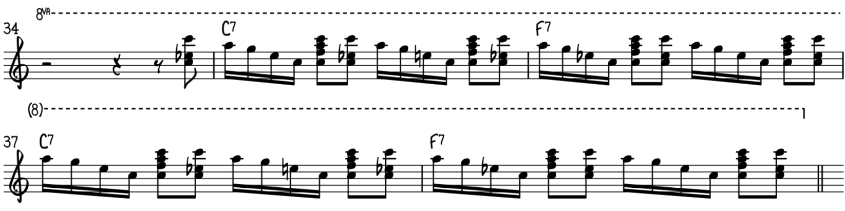 Промежуточный фанковый блюзовый фортепианный рифф 5 чередует большие гармонизированные ноты и блюзовые партии.