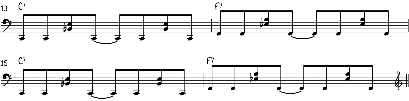 Промежуточный фанк-блюзовый фортепианный басовый грув для левой руки